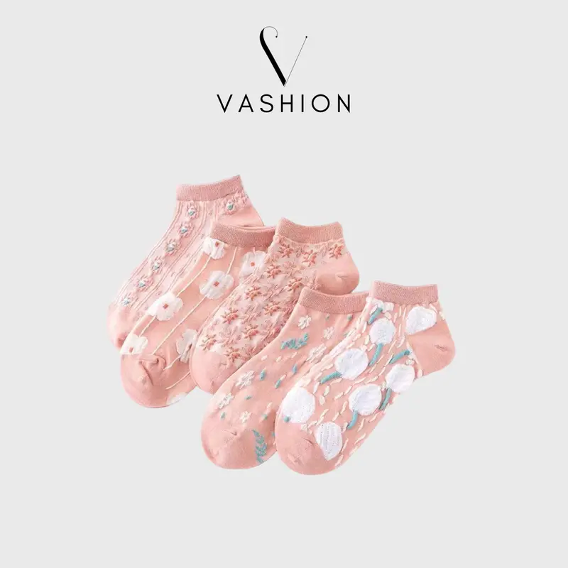 Kaos Kaki Wanita Korean Fashion Motif Flower Warna Pink Semata Kaki - KK1434 Ankle 0