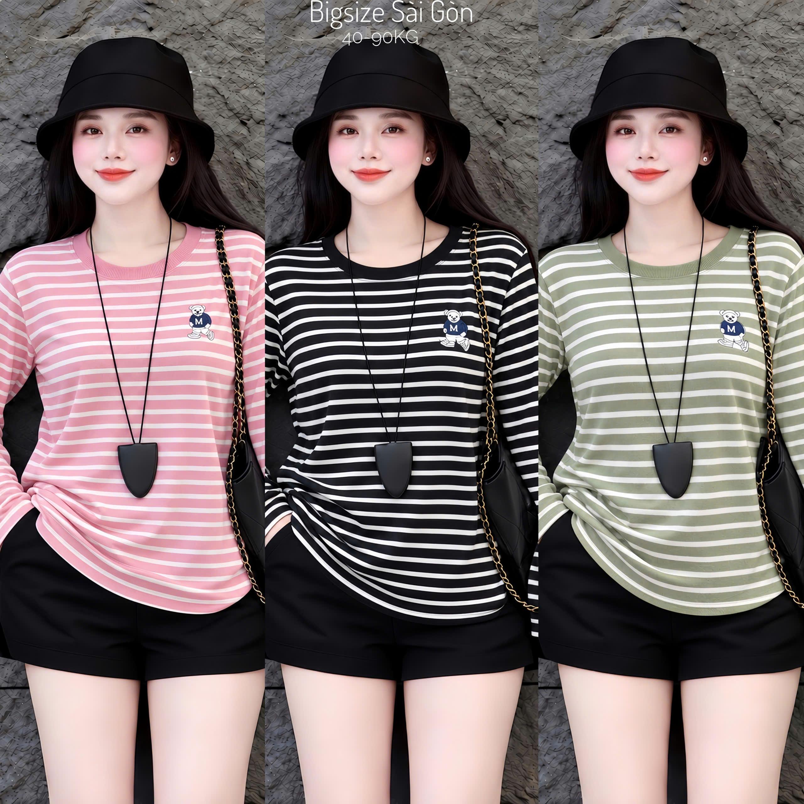 Áo Thun Nữ Tay Dài Thêu Gấu Basic Vải Borit Sọc  Bigsize 45–90kg Bigsize Sài Gòn - A.1699