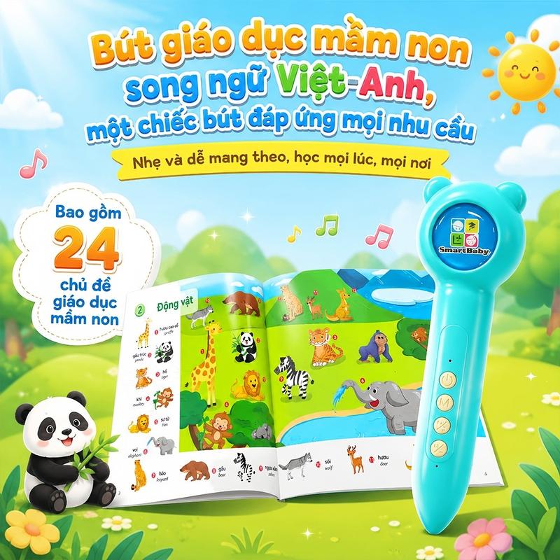 Bộ bút chấm đọc song ngữ Việt – Anh – 27 chủ đề, kèm sách + thẻ nhận thức, sạc Type-C, bo tròn chống trơn, phát âm chuẩn bản xứ – Tương tác bố mẹ – con, tăng cường trí nhớ, học ở nhà và trường cho bé 3-10 tuổi.