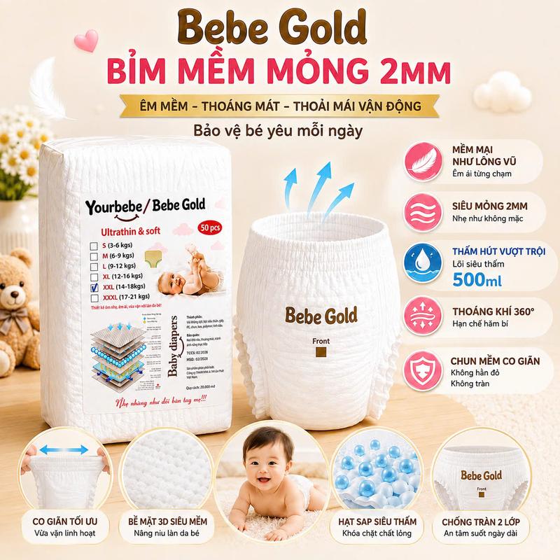 Combo 100 Bỉm quần bỉm trần BeBe Gold ,Bỉm mỏng 2mm, form suông , Đủ size từ