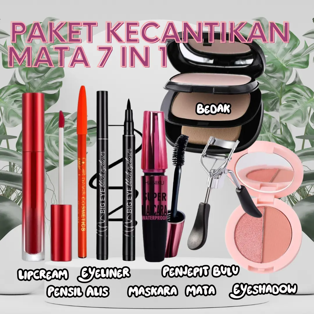 1 PAKET KECANTIKAN RIASAN WAJAH 7 IN 1 EYELINER HITAM MASCARA LIQUID WATERPROOF LIPSTIK EYEBROW EYESHADOW SET