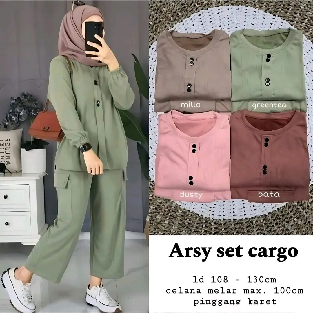 Setelan Cargo ONE SET Arsy Wanita Terbaru bahan Crinkle Airflow  Variasi Kantong Samping Atasan Baju