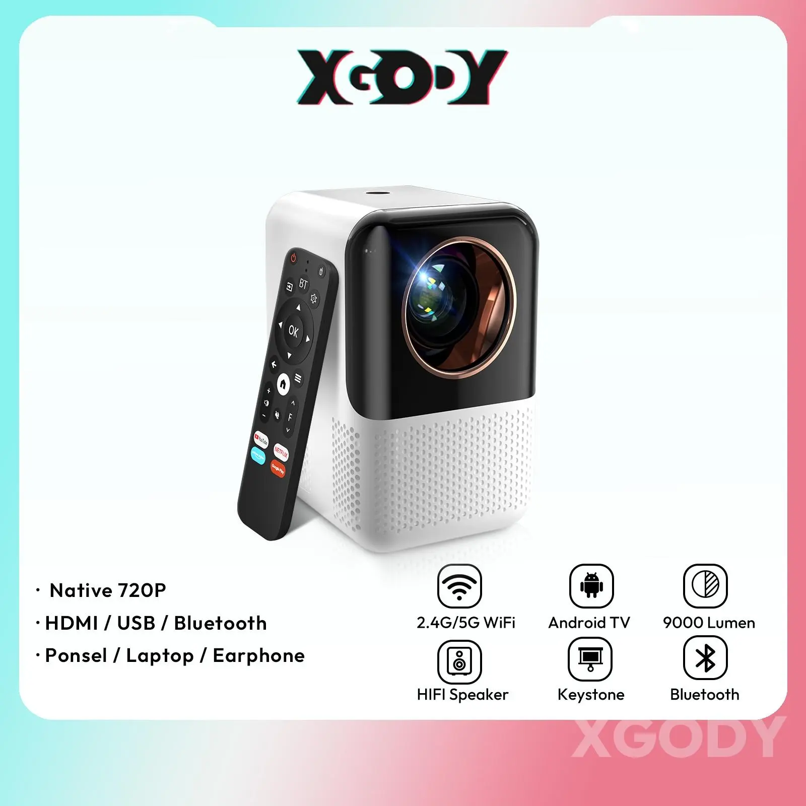 XGODY X10 Smart Proyektor 4K LED 1GB+8GB WiFi Bluetooth5.0 Portable Home Theater 300 Ansi Lumen projector mapping panggung