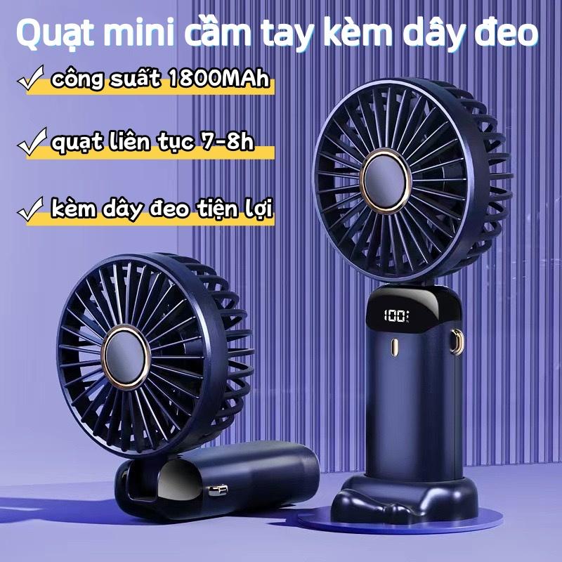 Quạt Mini Cầm Tay Tích Điện 5 Tốc Độ Gió Đèn LED Hiển Thị Kèm Tinh Dầu Thơm Mát Có Dây Đeo Cổ Tiết Kiệm Không Gian