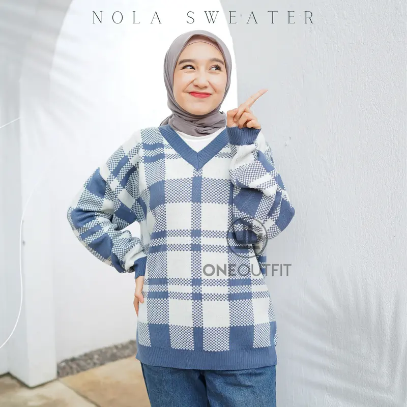 Oneoutfit Sweater Rajut Wanita Premium Terbaru Motif Kotak Nola Oversize Bahan Knit Halus Lembut 1