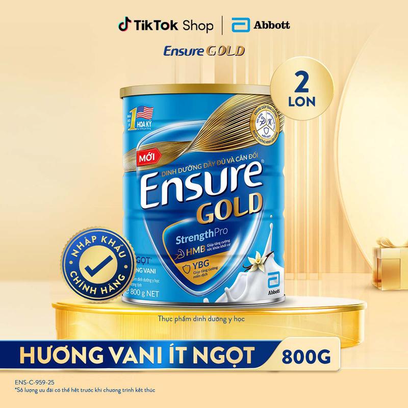 COMBO 2 LON SỮA ENSURE GOLD MỚI CẢI TIẾN DẠNG BỘT HƯƠNG VANI ÍT NGỌT 800G 