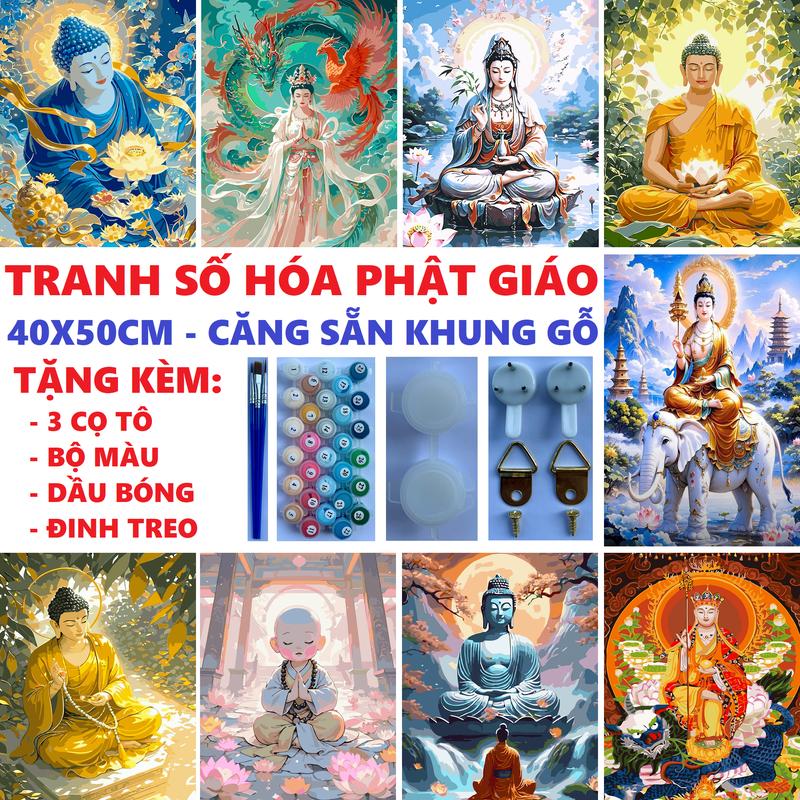 Tranh Tô Màu Theo Số 40x50 Phật Giáo - Căng Sẵn Khung Tặng Cọ Vẽ, Bảng Màu, Dầu Bóng, Đinh Treo Tranh Số Hóa Sơn Dầu Acrylic Vẽ Tranh Diy Làm Đồ Handmade