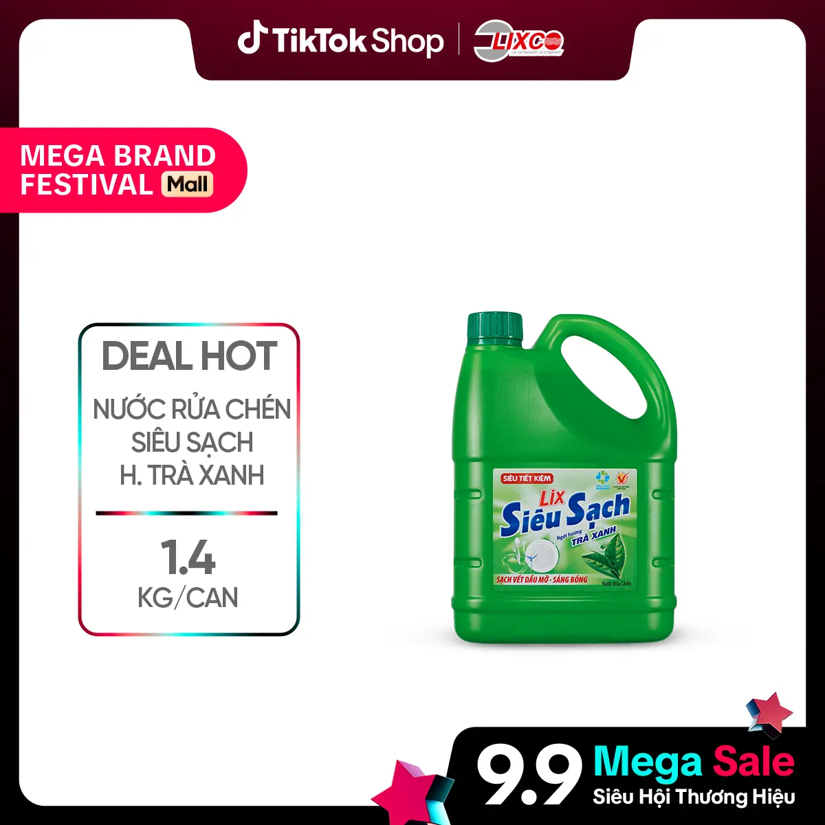 Nước Rửa Chén Bát Lix 1.4kg Hương Trà Xanh làm sạch chén đĩa N8120