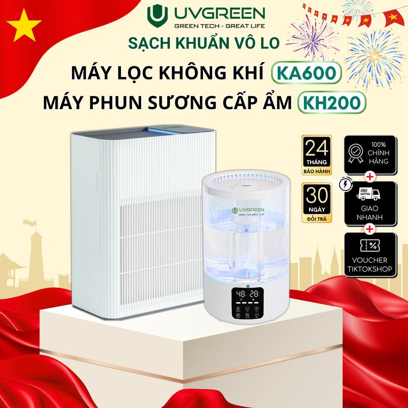 Combo Máy Lọc Không Khí UVGREEN KA600 UVC LED Diệt Khuẩn 60m2 + Máy Phun Sương Siêu Âm Tạo Ẩm UVGREEN KH200 - Khuếch Tán Xông Hương Tinh Dầu Thơm Phòng Ngủ - Bảo Hành Chính Hãng 24 Tháng