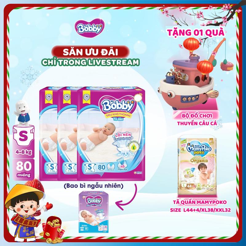   KOL   COMBO 3-TẶNG QUÀ  Bobby Tã bỉm dán XS70 S80 M76 L68 XL62 XXL56 