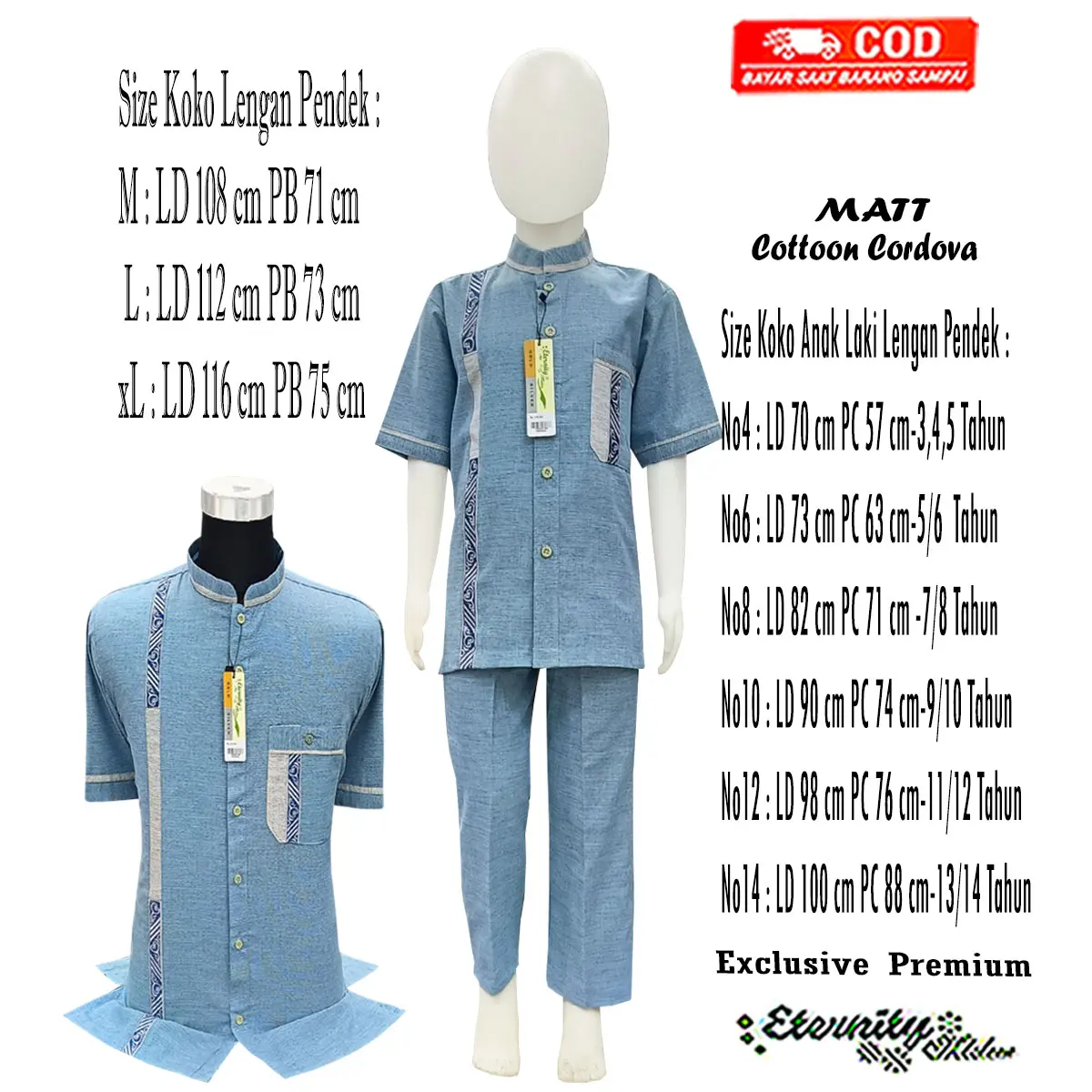 Eternity moslem Koko Couple Ayah dan Setelan Anak 3 - 14 Tahun Motif Bordir Kombinasi