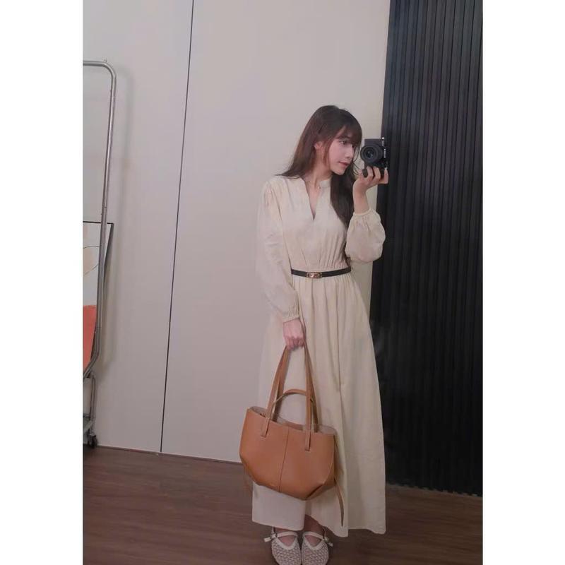  Đầm maxi D4 váy maxi dáng dài cổ V chiết eo tay dài phong cách tiểu thư thanh lịch style Thu Đông_Có bigsize 