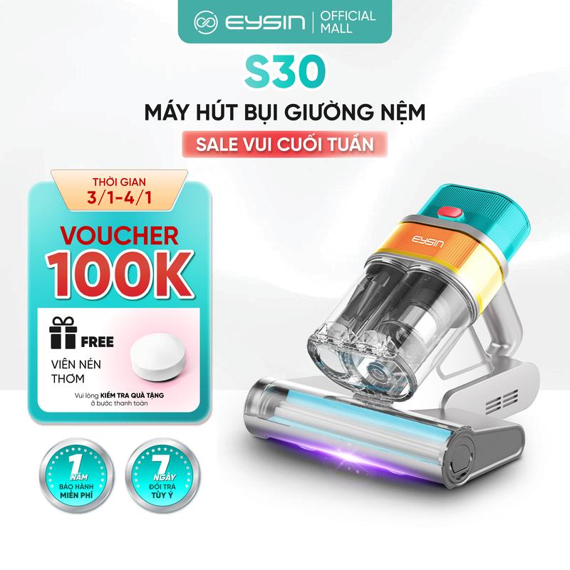 EYSIN Máy Hút Bụi Giường Nệm S30 Lực Hút 21000PA Chổi Lăn Sạch Tóc Lõi Hepa 5 Tầng Loại Bụi Siêu Mịn & Đèn UV Diệt Khuẩn 99.99% Giường Nệm Sạch Sâu Cùng Con Say Giấc