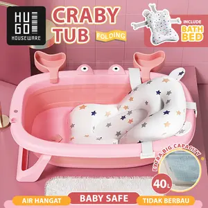 HUGO Foldable Baby Bathtub Bak Mandi Bayi Lipat Portable Tempat Mandi Bayi Silicone dengan Bantal Mandi