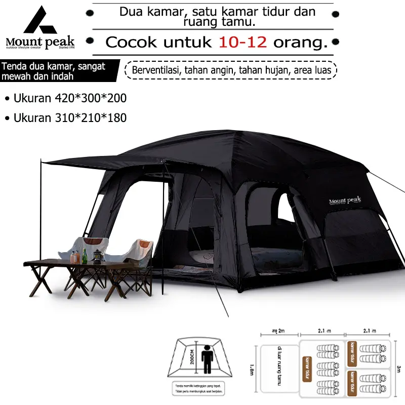 Mountpeak Tenda Camping Outdoor 2 Ruangan Luxury Besar Automatic Keluarga tenda Tenda Glamping Waterproof