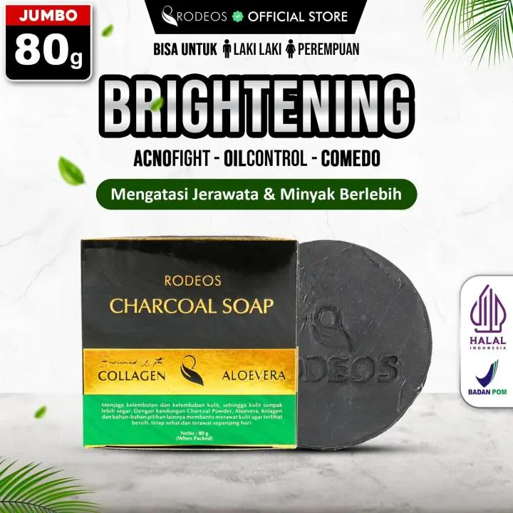 Rodeos Charcoal Soap 80g - Pencuci wajah, Facial Wash, sabun Jerawat, membersihkan kotoran, mencerahkan, Berminyak, Kering, Flek Hitam, Kusam, Bopeng, Komedo, Berjerawat, Pencerah Muka, Perawatan wajah Cleanser, Pria & Wanita, BPOM Halal 0