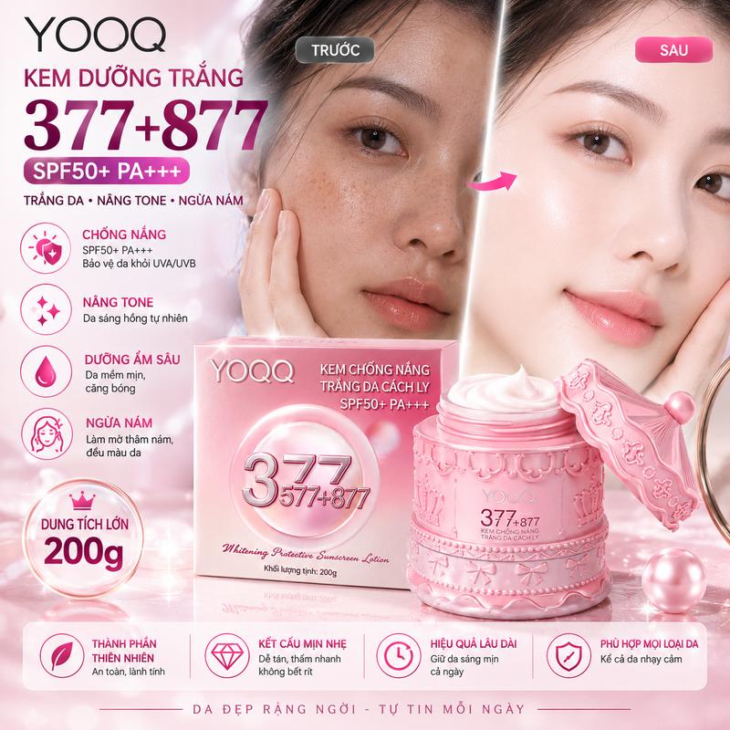 Kem làm trắng da 377+577+877 - Chống tia UV/Không thấm nước/Không lem - Dịu nhẹ cho da nhạy cảm và da mụn - Đa chức năng: Bảo vệ - Làm trắng - Phục hồi - Dung tích lớn 200g