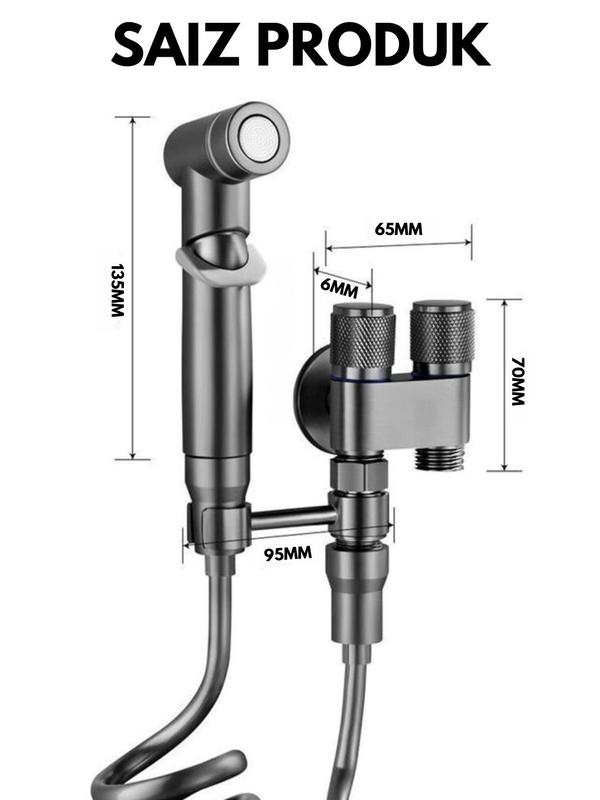 Kran Cabang dan Jet Shower SUS 304 Toilet Hitam Matte 1/2 Inch dengan Selang 1.5M Kran Air Double Kran Washing Machine Bidet Spray 7
