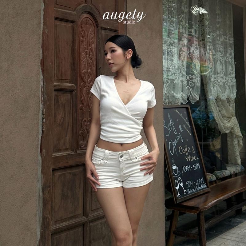 Áo Thun Nữ Cổ Tim Khoét Vạt Đắp Chéo Nhún Chiết Eo Thun Gân Mềm Mịn Augety Studio VEE TOP