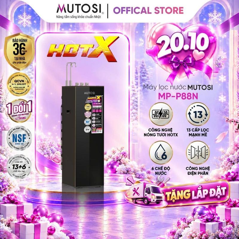 Máy Lọc Nước Điện Giải Ion Kiềm Hydrogen 6 Chế Độ Nóng Ấm Lạnh Nguội Ion Kiềm Hydrogen Axit Nhẹ MUTOSI MP-P88N, Công Nghệ Nóng Tươi HOTX Mới