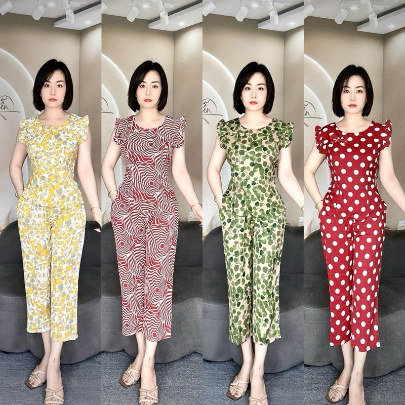 Đồ bộ mặc nhà cho nữ cổ tròn kết nơ trước ngực tay cánh tiên, sau lưng may kiểu gợn sóng kết núc gỗ quần 9 tấc chất lụa mango loại 1 - Áo, Women