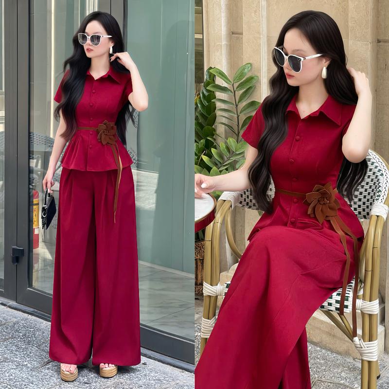 Kèm dây hoa Set bộ nữ thiết kế EMME T3224 - 2 món gồm sơ mi form ôm chiết eo tay ngắn phối quần dáng dài ống rộng giả váy - THANH TỰ