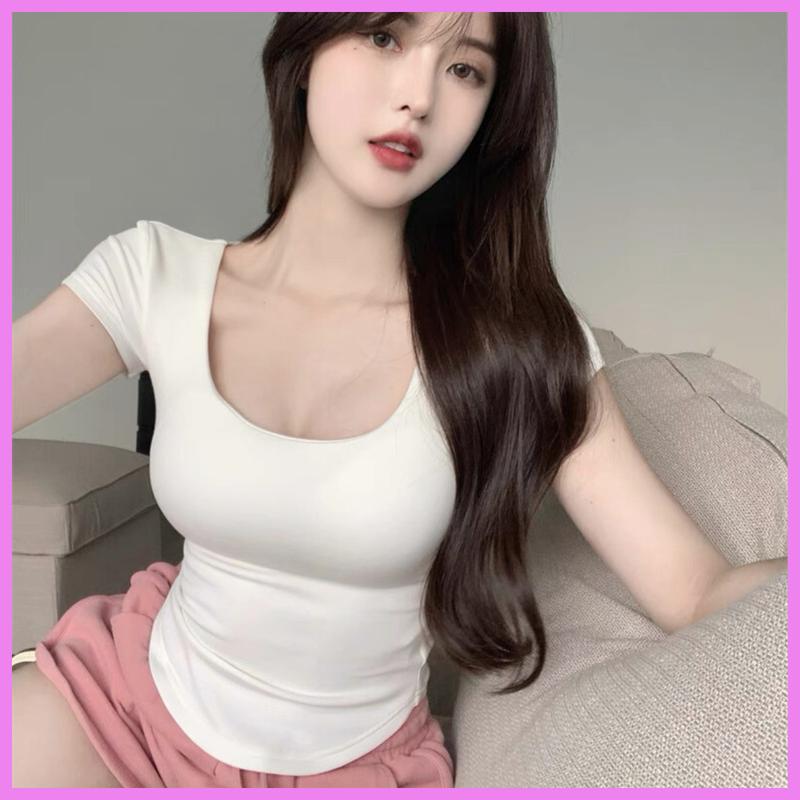 Áo Thun Nữ Cộc Tay Cổ Vuông Vạt Bầu RANSHI Áo Thun Ôm Body Tôn Dáng Sexy Quyến Rũ Chất Thun Cotton Mềm Mát RA312 Áo Babytee