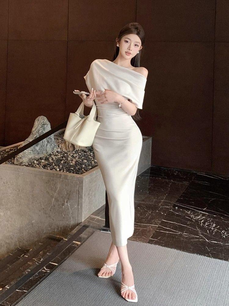 Product Introduction of New summer style French style high-end off-shoulder sloping collar dress for women with hip-hugging long skirt for women Casual Womenswear Lingerie Lady Casual Wear Gowns Comfort Basic Batwing Formal Fitted Minimalist Short Sleeve Yellow Chic Elegant 18