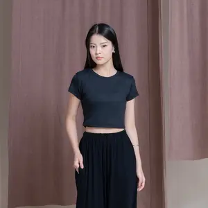 Georgios Women | Basic Crop Top | Kaos Rib Wanita Kekinian Polos Atasan Baju  Cewek Dewasa Tshirt  Oblong Pendek Santai Tee Katun Panjang Pakaian Rip Hitam
