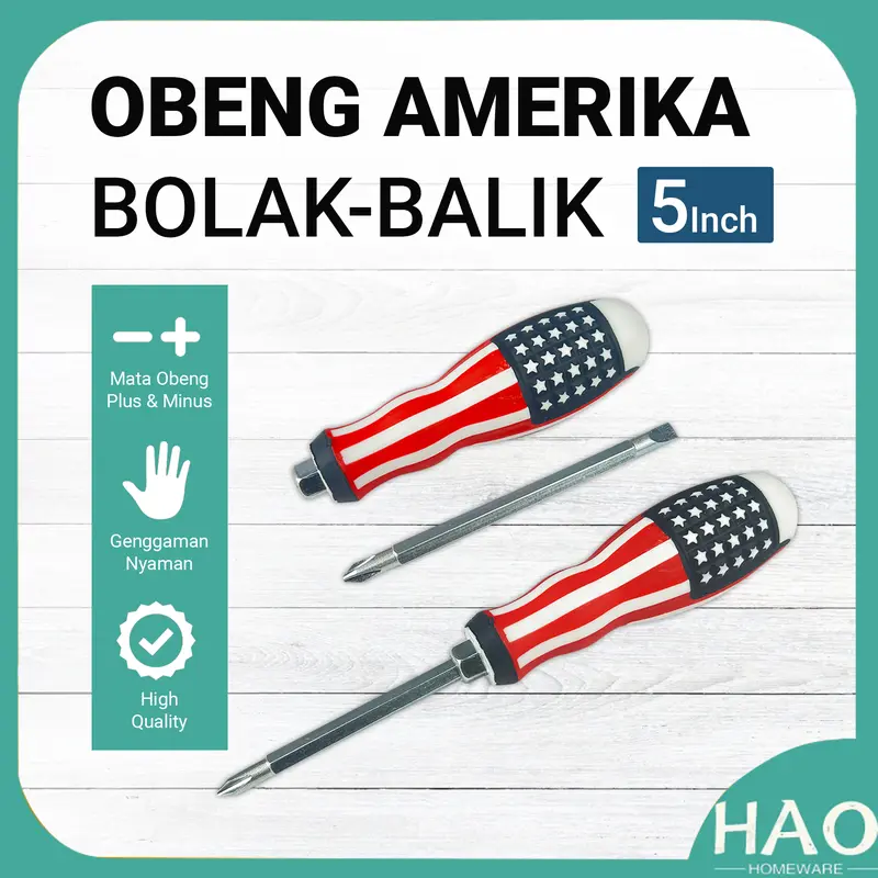 [HAO] Obeng Bolak Balik Amerika 5inch Gagang Karet / 2in1 Obeng Bolak Balik 0