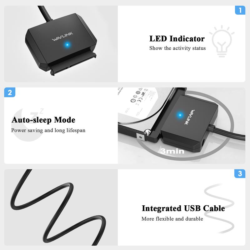 Cáp Bộ Chuyển Đổi Ổ Cứng USB3.0 Sang SATA III, WAVLINK, Bộ Chuyển Đổi SATA Sang USB A 5Gbps, Đầu Nối Ổ Cứng Ngoài, Tương Thích Với Ổ Cứng 2.5 "/ 3.5" HDD / SSD, Bao Gồm Bộ Chuyển Đổi Nguồn 6