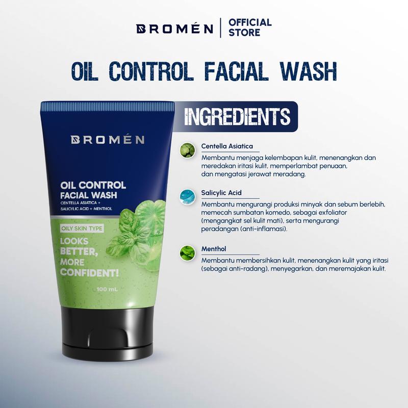 BROMEN OIL CONTROL FACIAL WASH 100mL | SABUN Pembersih MUKA BERMINYAK | SKINCARE COWOK | PERAWATAN WAJAH MINYAK BERLEBIH Pria 2