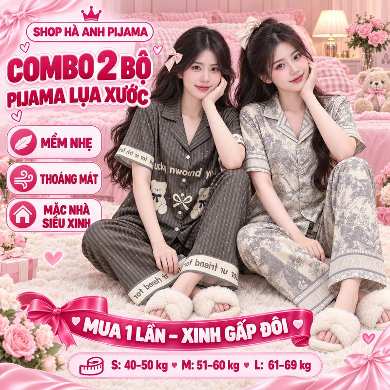Combo 2 Bộ Pyjama Nữ Vải Lụa Xước, Đồ Ngủ Form Thoải Mái Họa Tiết Xinh Xắn