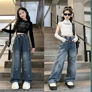 Celana Kulot Jeans Anak Perempuan Skena Style - Bordir Pita Lucu Usia 6-13 Tahun - Highwaist Denim Kids