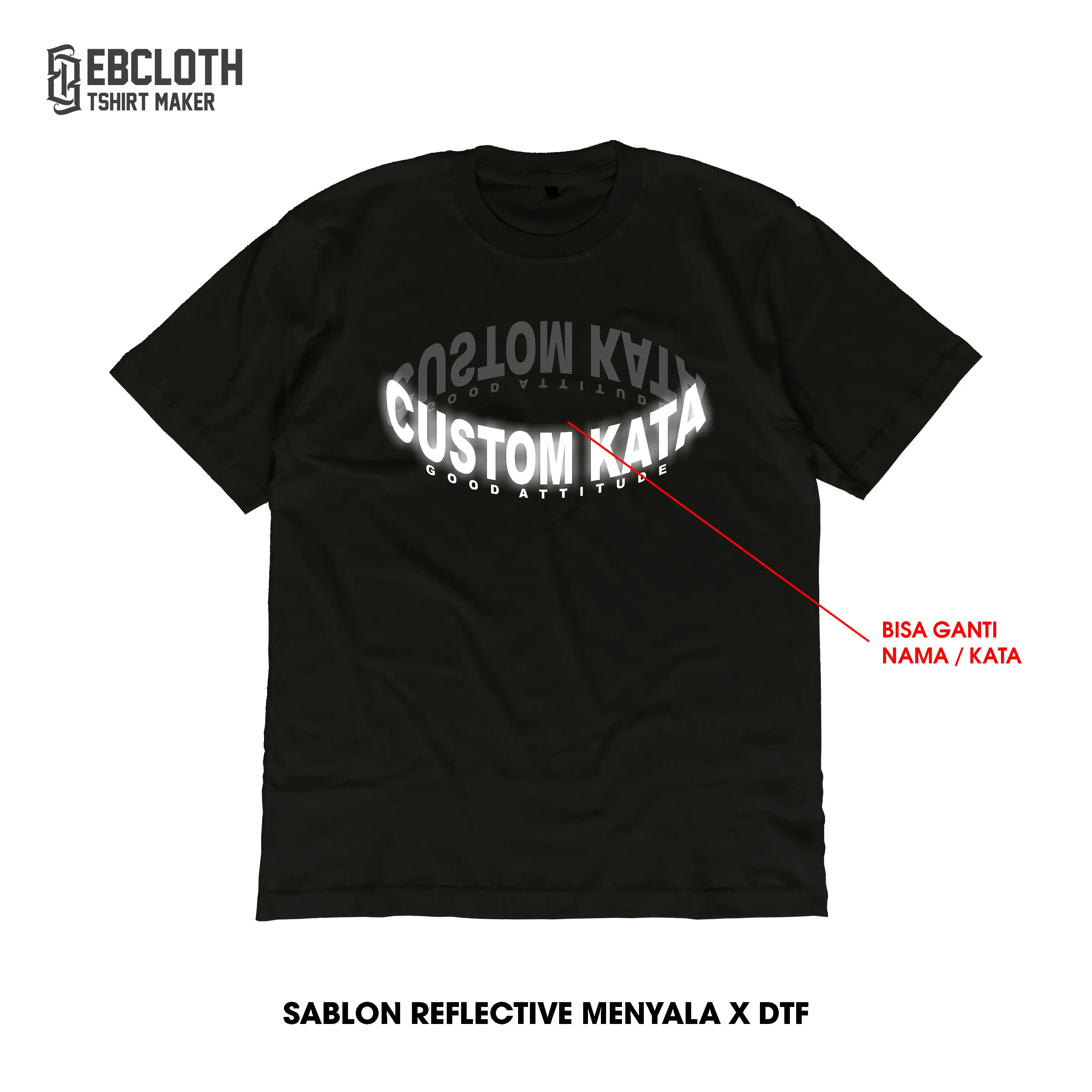 [EBCLOTH 04] CUSTOM KAOS REFLEKTIF SABLON NYALA HOLOGRAM RAINBOW CUSTOM KATA/NAMA KATUN COMBED HITAM DISTRO