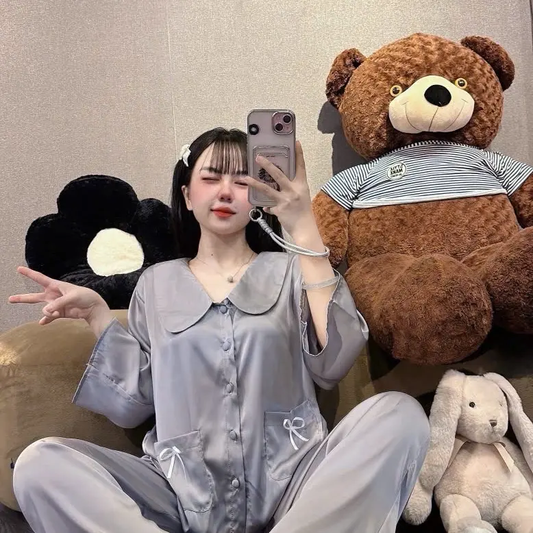 Set Pijama Lụa Latin Tay Lỡ Cổ Sen Phối Túi Nơ m21
