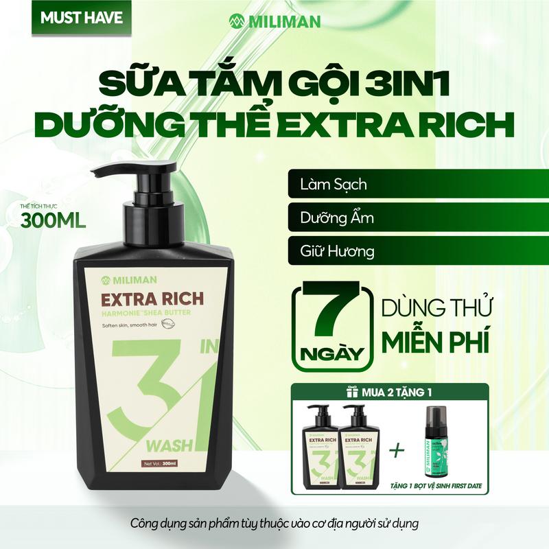 Sữa Tắm Gội 3 in 1 Dưỡng Thể MILIMAN Extra Rich 300ML - Làm Sạch Bằng Gốc Thực Vật Dưỡng Thể Toàn Thân Với Chiết Xuất Bơ Shea Hoạt Hoá Sữa Tắm Nam Thơm Lâu | Mua 2 Chai Tặng 1 Bọt Vệ Sinh FULL SIZE 100ml