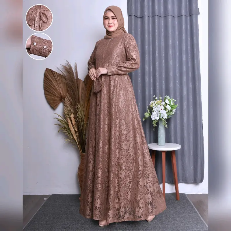gamis brukat dress jumbo pesta ada ukuran dari m.l.xl.xxl.xxxl free masker Wanita Muslim Kondangan Lembut Tebal 3