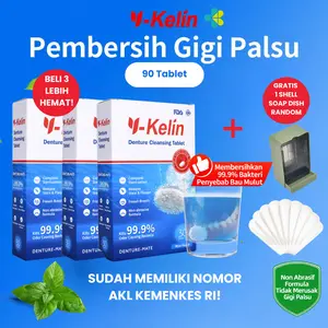 Y-Kelin PEMBERSIH GIGI PALSU 30 Tablet Anti Bakteri Non Abrasif Formula Mint Aroma Menyegarkan FDA ISO 99.9% Bakteri Penyebab Bau Mulut