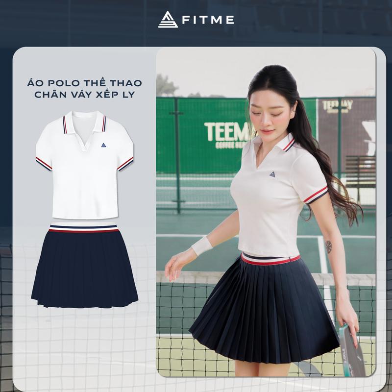 Bộ đồ Pickleball, cầu lông, tennis nữ Fitme ES áo polo Trắng tôn dáng, chân váy xếp ly Navy Trắng năng động có quần bảo