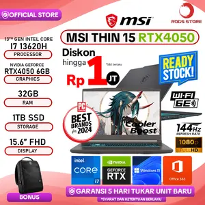 MSI THIN 15 RTX4050 CORE I7 13620H 32GB 1TB Windows 11 15.6 Inch FHD 144Hz BLIT -B13VE