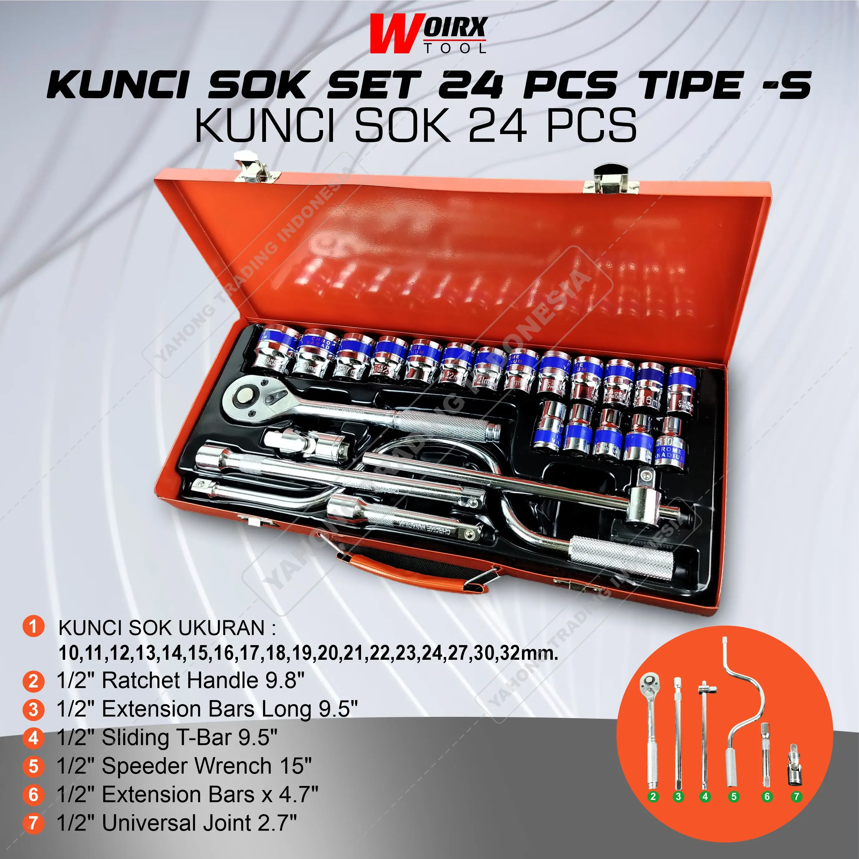Kunci Shock Sok Set 1/2" inch Type S 24 Pcs Socket Tool Kit 24pcs WOIRX TOOL