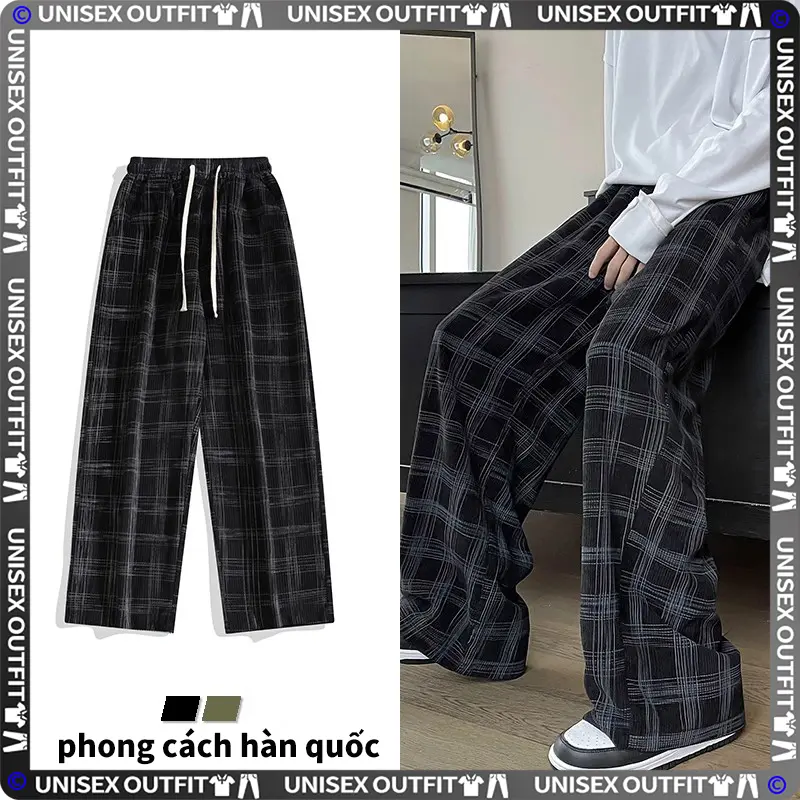 Quần ống rộng Quần Dài flannel cạp cao Quần Sọc Caro Ống Rộng Nam Nữ