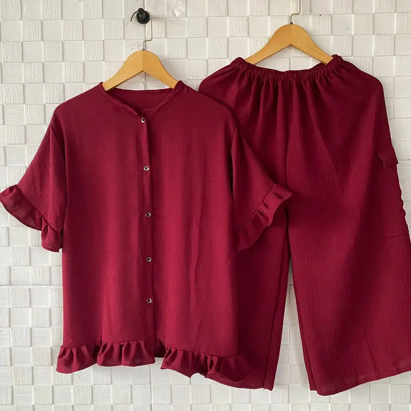 Setelan Celana 7/8 Wanita / Set Atasan Lengan Pendek Rempel / Merly Set Kancing / Korean Style 4