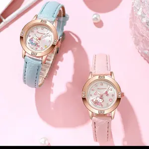 ￼Jam Tangan Kuarsa Anak-Anak Jam Tangan Santai Tali Kulit Dial Kecil Bercahaya Hello Kitty Yang Lucu