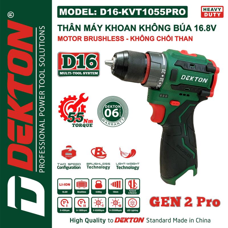  Máy Khoan Đầu Cặp 10MM Dekton   D16 - KVT1055PRO   Motor Brushless   55Nm   Hệ Sinh Thái 16.8V Pin Thọt Dekton 