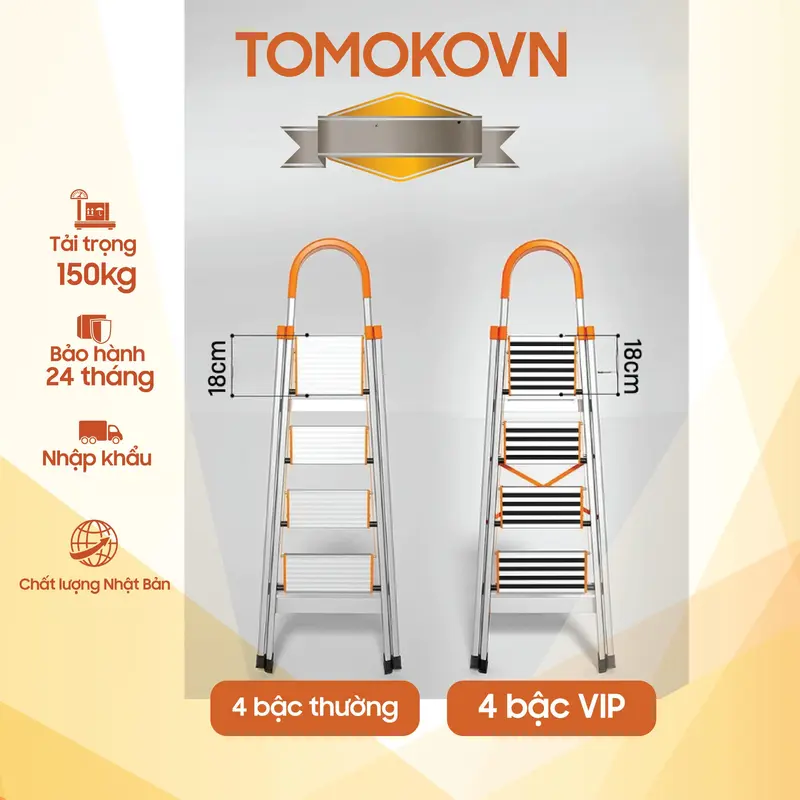 Thang TOMOKO INOX Ghế Tay Vịn Chữ A Bản To Vân Sần Cao Cấp Nhôm Dày Chân Gắn Cao Su 34567 bậc vân cao su chống trượt 1