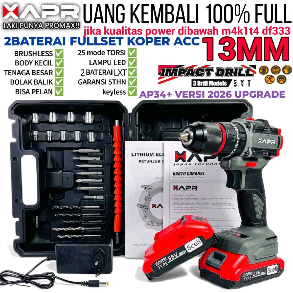 APR AP34+ RAJA BOR Impact Drill Brushless Type 13mm Keyless Auto Lock 2 Baterai LXT 88V Mesin Bor Besi Kayu Driver Sekrup Drill Pro Series