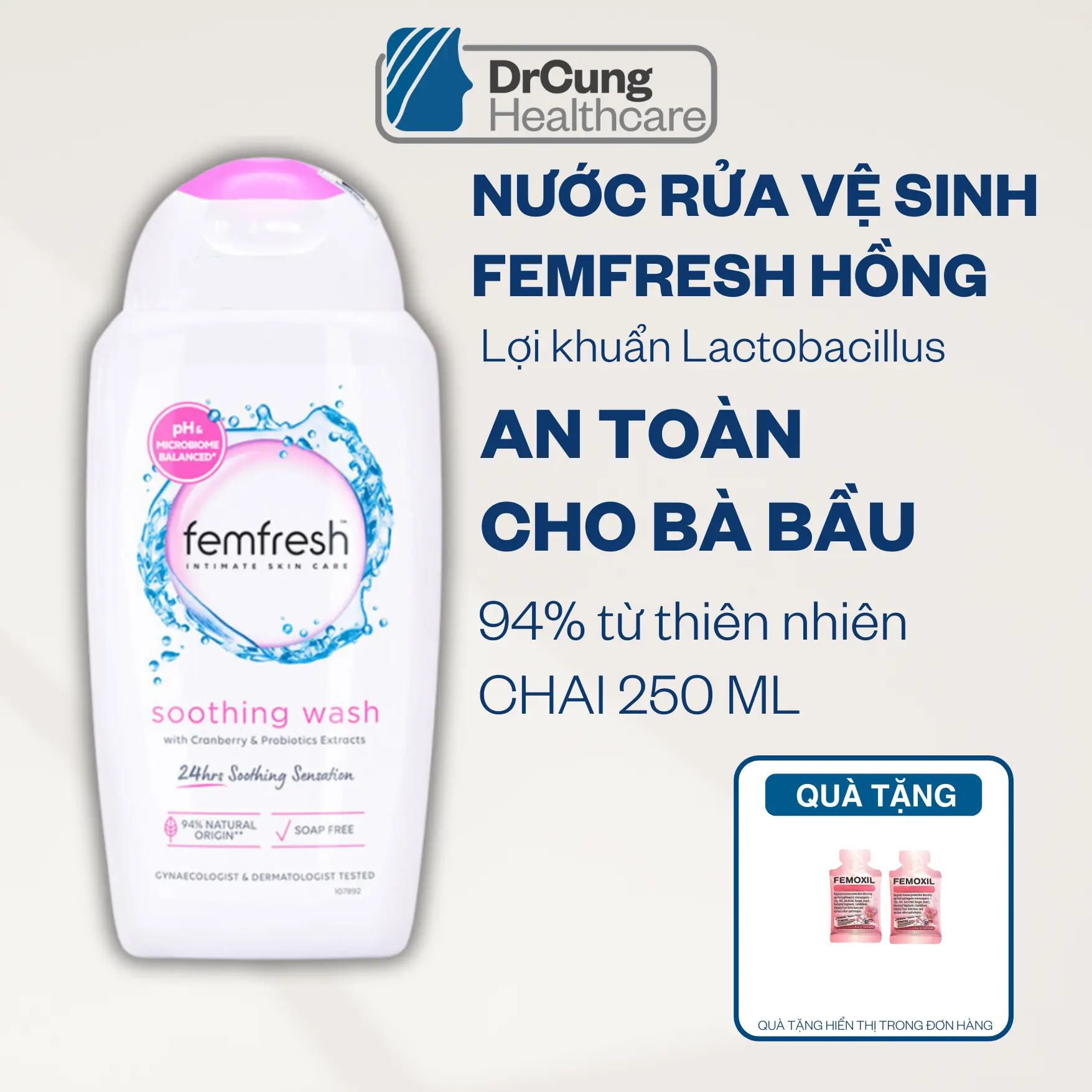 ID1 FEMFRESH HỒNG CHAI 250ML Kem rửa Vệ Sinh dùng hàng ngày bổ sung lợi khuẩn hỗ trợ dịu da và mùi thơm dịu nhẹ MUA 1 CHAI TẶNG 1 SAMPLE FEMOXIL