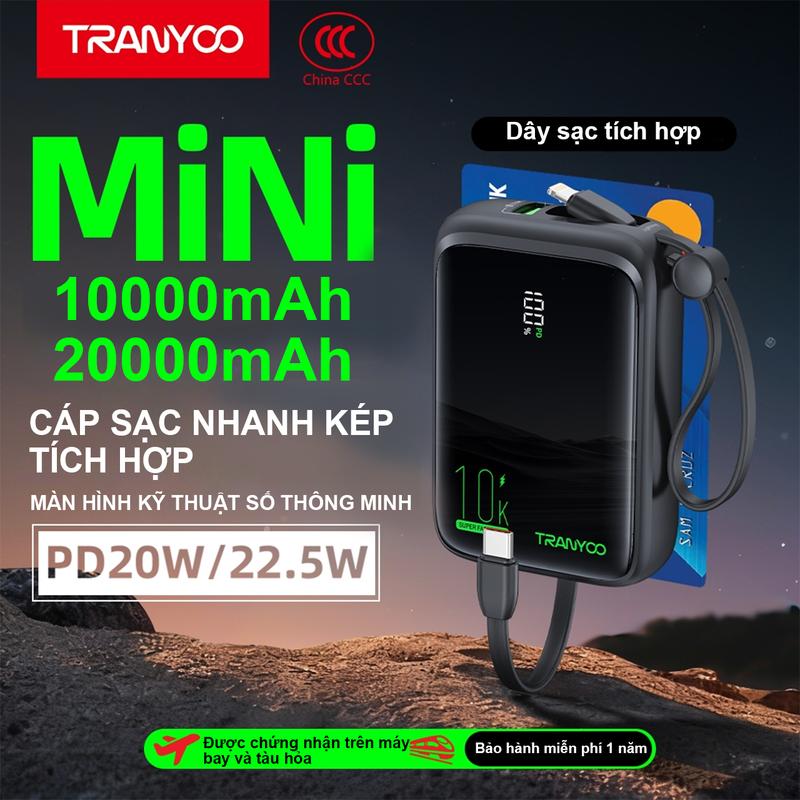   TRANYOO  Sạc Dự Phòng K14 K15 10000mAh 20000mAh Sạc Nhanh PD22.5W Màn Hình Hiển Thị Pin Tích Hợp Hai Dây Sạc Nhanh Type-c Lightning Màn Hình LED Titan Chính Hãng type c i phone12 Pin Dự Phòng 